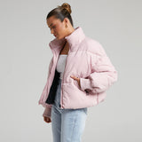 Stand Collar Side Pocket Zip Front Long Sleeve Puffer Jacket - Pink