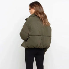 Stand Collar Side Pocket Zip Front Long Sleeve Puffer Jacket - Army Green