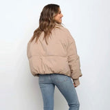 Stand Collar Side Pocket Zip Front Long Sleeve Puffer Jacket - Khaki