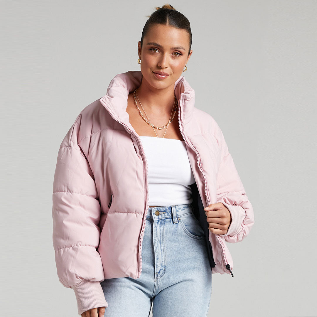 Stand Collar Side Pocket Zip Front Long Sleeve Puffer Jacket - Pink