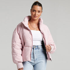 Stand Collar Side Pocket Zip Front Long Sleeve Puffer Jacket - Pink