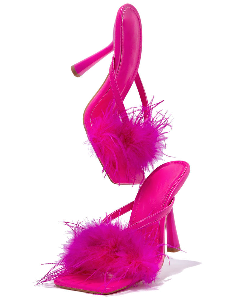 Feather Fur High Heel Mules