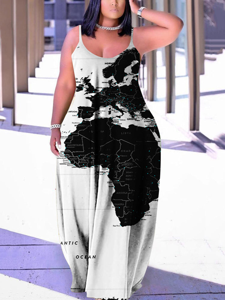 Casual Map Print Spaghetti Strap Maxi Dress