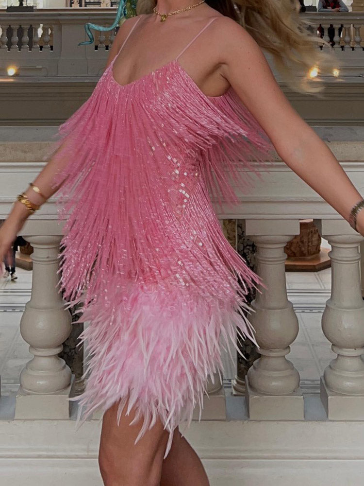 Feather Sequin Tassels Dress