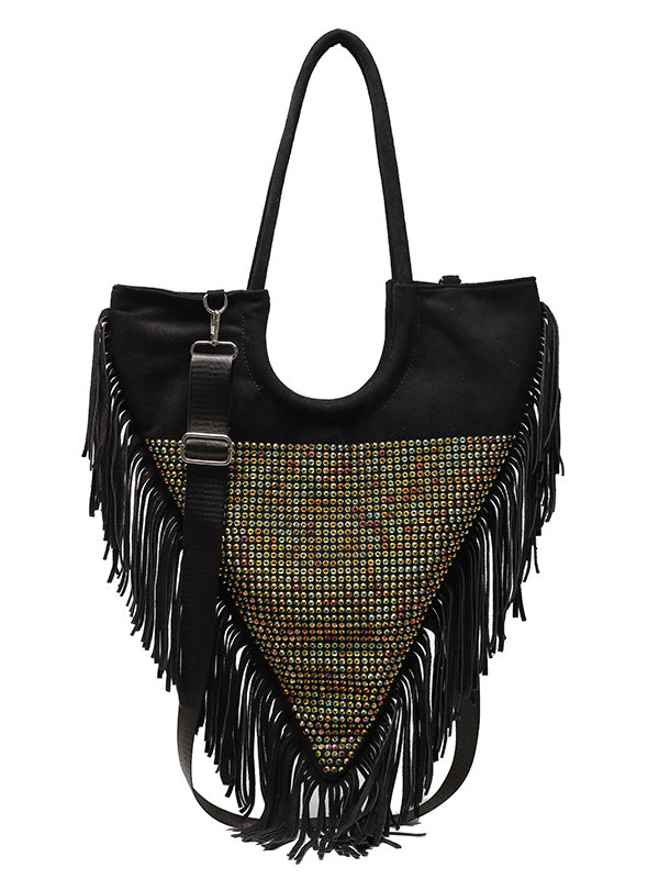 Rhinestone Decor Fringe Trim Shoulder Bag