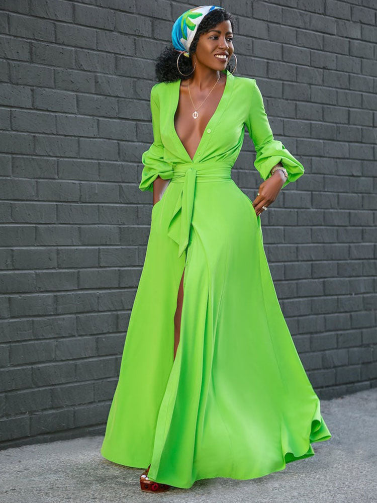 Button Down Slit V Neck Maxi Dress