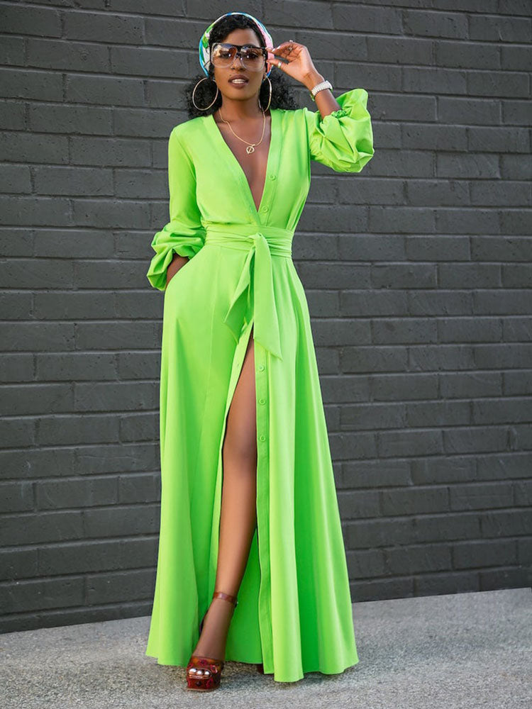 Button Down Slit V Neck Maxi Dress