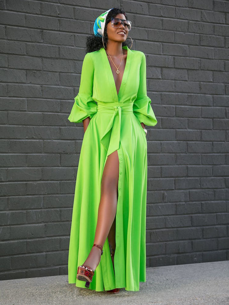 Button Down Slit V Neck Maxi Dress