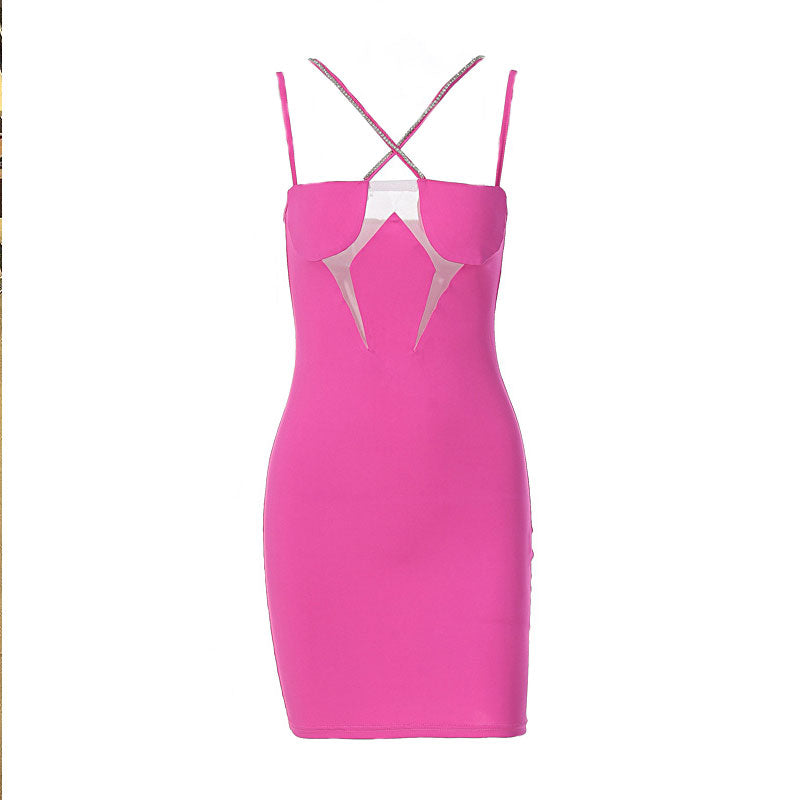 Crisscross Rhinestone Detail Party Mini Dress - Hot Pink
