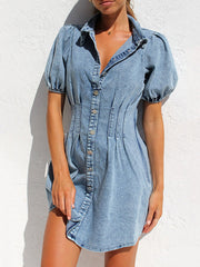 Turndown Collar Ruched Denim Dress