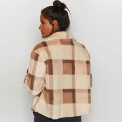 Check Print Long Sleeve Button Up Flap Pocket Teddy Jacket - Brown