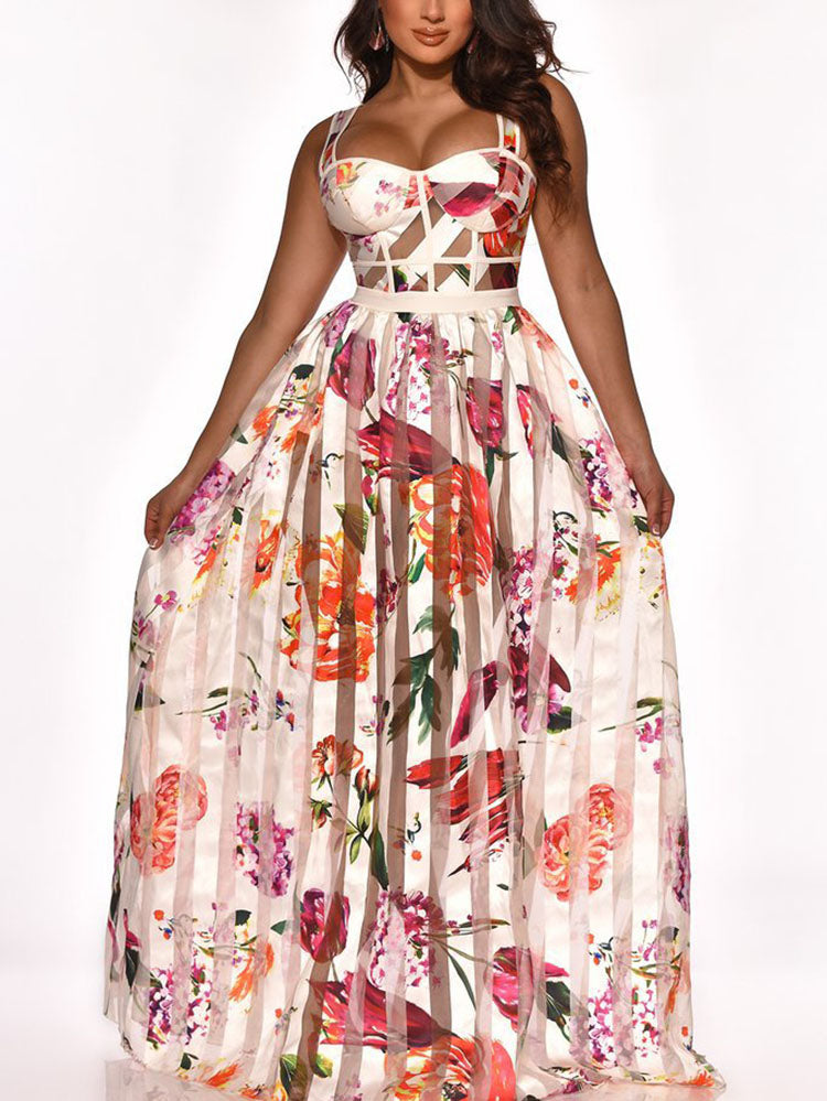 Strap Floral Printed Sheer Maxi Dresses