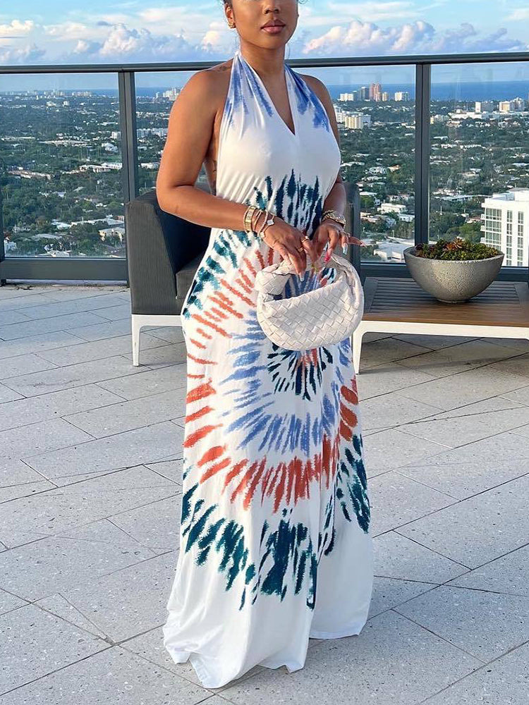 Tie Dye Halter Backless Dress