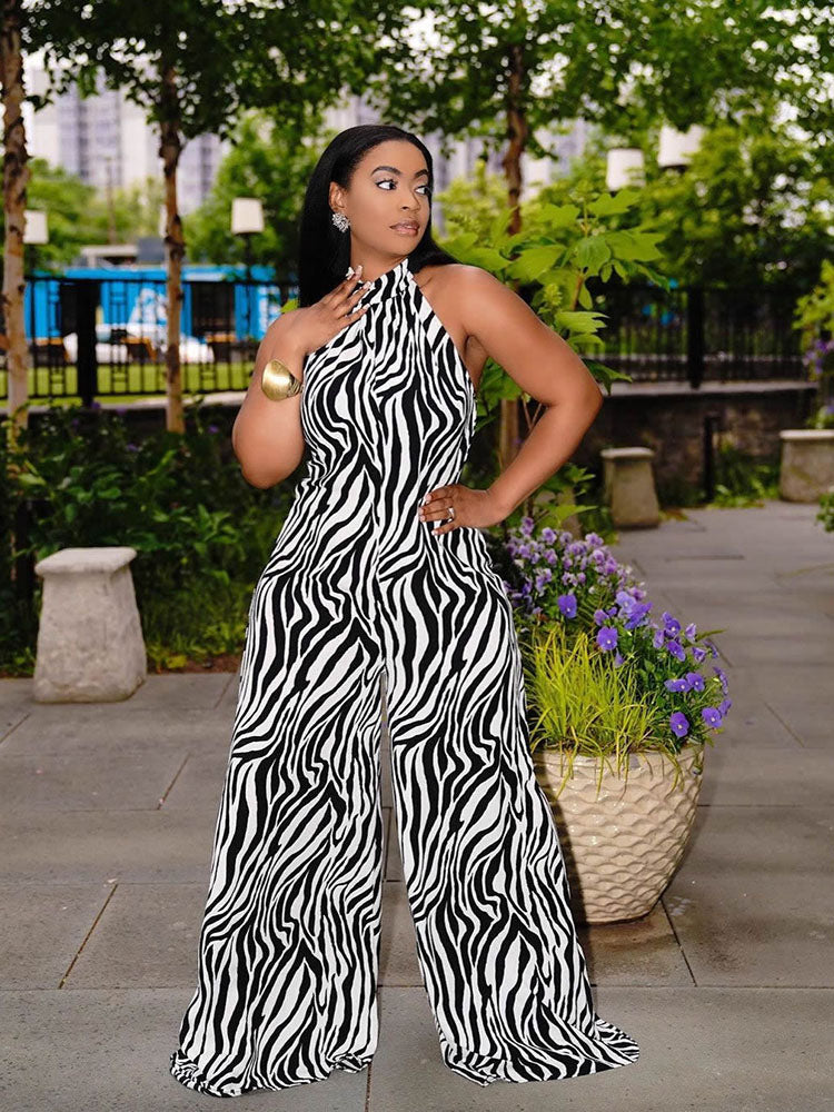 Zebra Print Backless Halter Jumpsuits