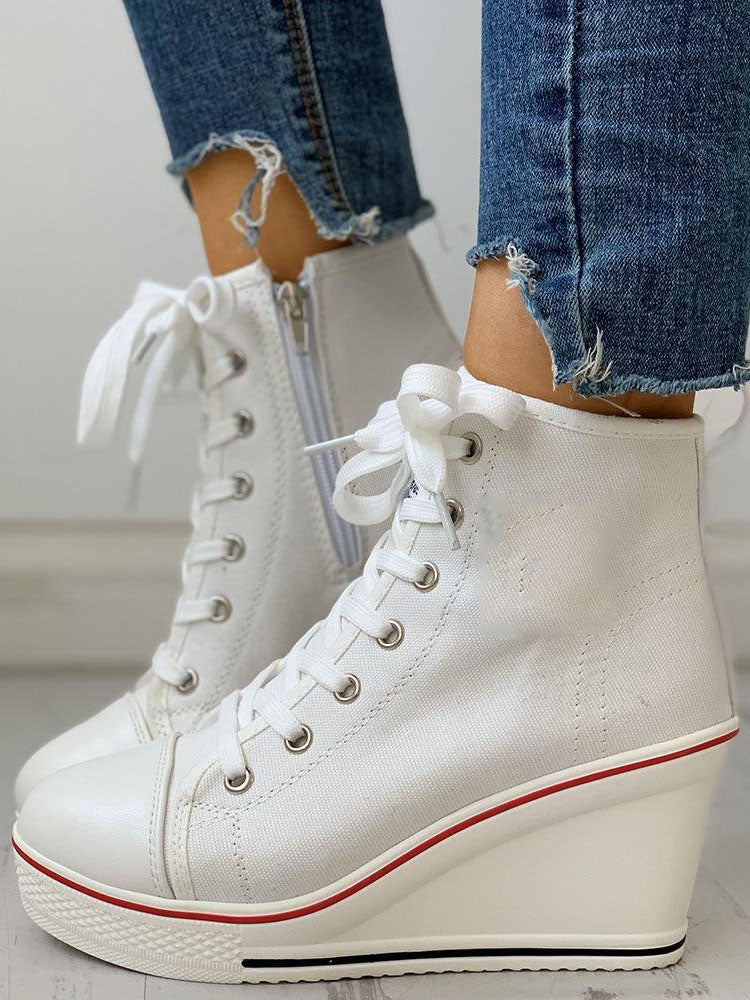 Lace-Up Thick Soled Heel Canvas Sneakers