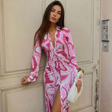 Abstract Ruched Long Sleeve V Neck Button Up Split Shirt Midi Dress - Pink
