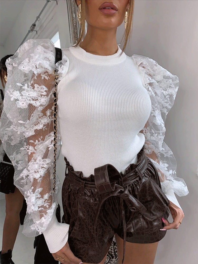 Knitted Lace Puff Sleeve Patchwork Top