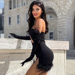 Alluring Trim Feather Glove Bandeau Party Mini Dress - Black