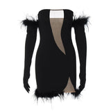 Alluring Trim Feather Glove Bandeau Party Mini Dress - Black