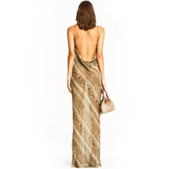 Animal Print Cowl Backless Sheer Slit Slip Maxi Dress - Snake