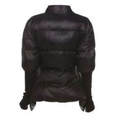 Deep V Shawl Collar Button Up Bishop Sleeve Puffer Jacket - Black