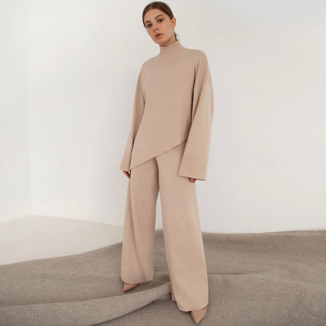 High Neck Bell Sleeve Sweater Wide Leg Pants Matching Set - Apricot