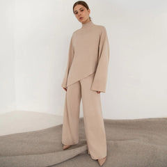 High Neck Bell Sleeve Sweater Wide Leg Pants Matching Set - Apricot