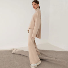 High Neck Bell Sleeve Sweater Wide Leg Pants Matching Set - Apricot