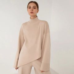 High Neck Bell Sleeve Sweater Wide Leg Pants Matching Set - Apricot