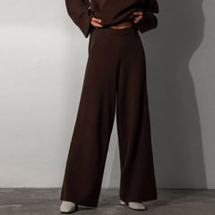 High Neck Bell Sleeve Sweater Wide Leg Pants Matching Set - Chestnut