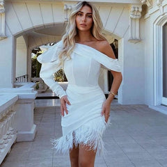 Puff Sleeve One Shoulder Feather Corset Mini Dress - White