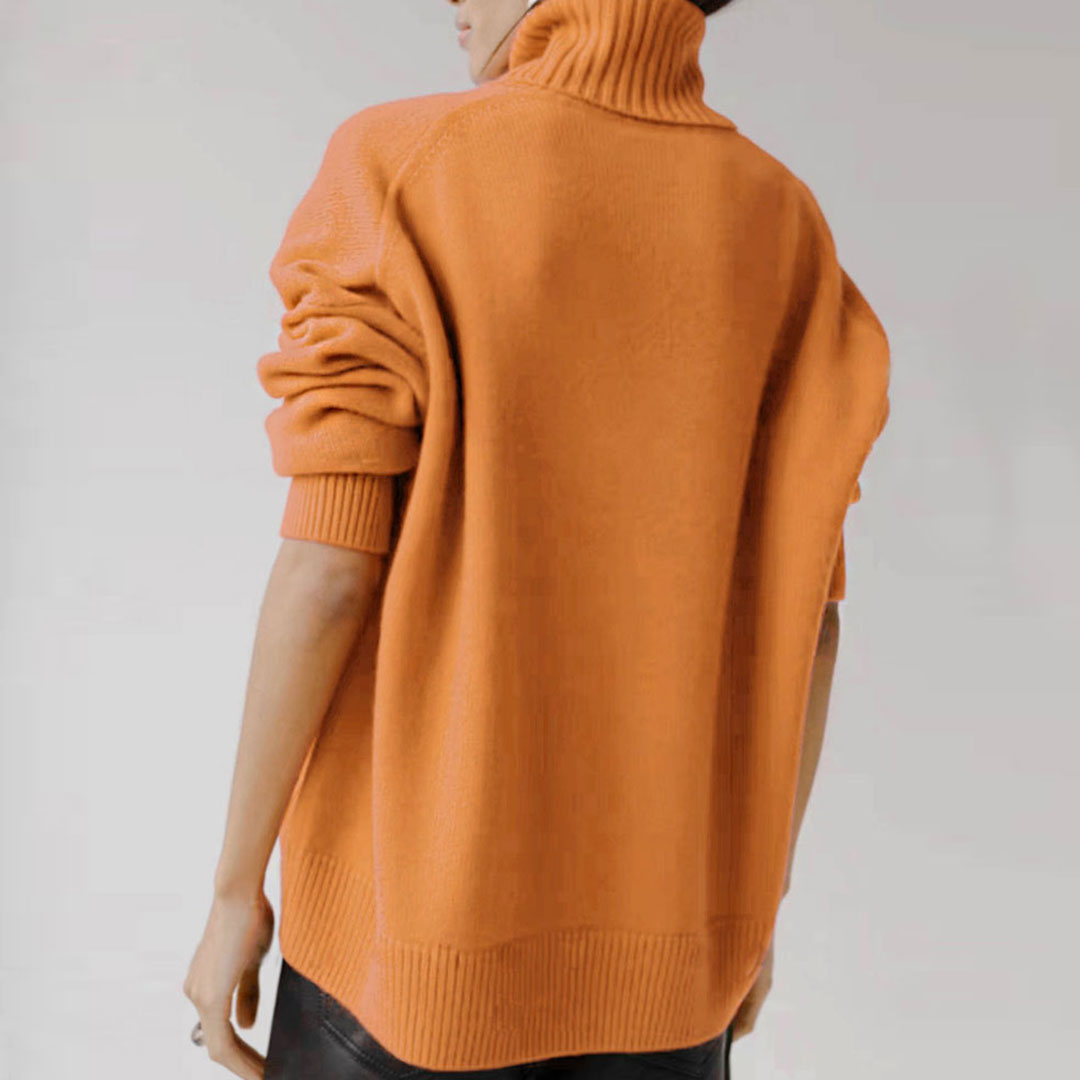 Rib Trim Turtleneck Long Sleeve Pullover Sweater - Orange
