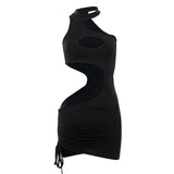 Cutout Drawstring Trim Choker Neck Bodycon Mini Dress - Black