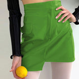 High Waist Seamed Trim Vegan Leather Mini Skirt - Green