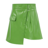 High Waist Seamed Trim Vegan Leather Mini Skirt - Green