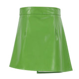 High Waist Seamed Trim Vegan Leather Mini Skirt - Green