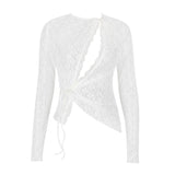 Sheer Cutout Tie Front Long Sleeve Lace Top - White