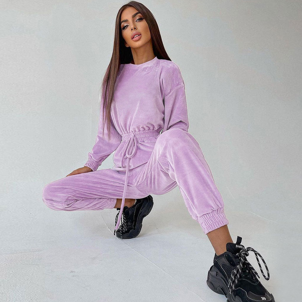 Crew Neck Long Sleeve Drawstring Velvet Jogger Jumpsuit - Lilac