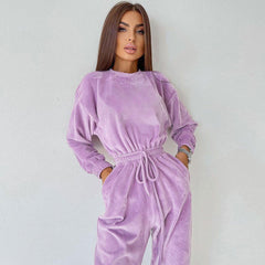 Crew Neck Long Sleeve Drawstring Velvet Jogger Jumpsuit - Lilac