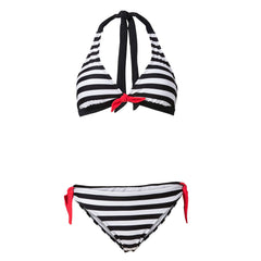 Conjunto de bikini de triángulo con cuello halter y lazo con estampado de rayas - Negro