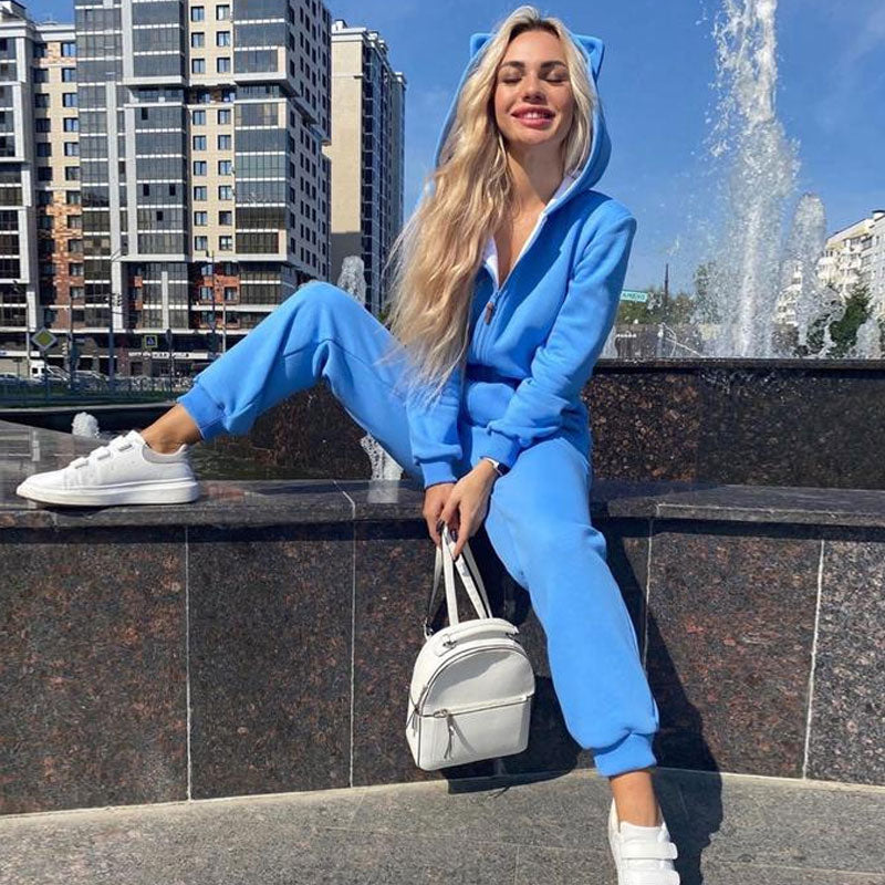 Style Kitty Hooded Zip Up Long Sleeve Jumpsuit - Blue