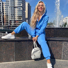 Style Kitty Hooded Zip Up Long Sleeve Jumpsuit - Blue