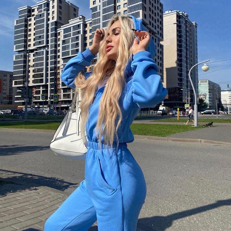 Style Kitty Hooded Zip Up Long Sleeve Jumpsuit - Blue