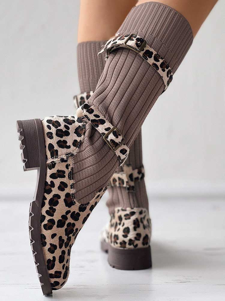 Leopard Knit Flat Heel Boots