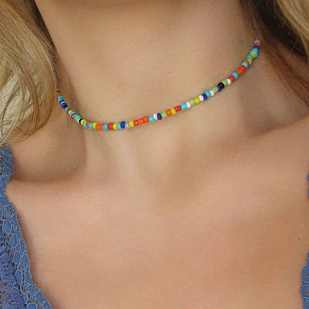 Beachy Polished Seed Enamel Bead Choker Necklace - Multicolor