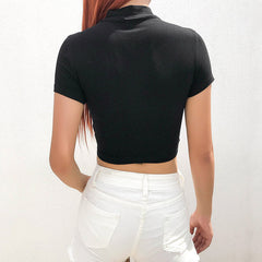 Biker Mock Neck Short Sleeve Pressed Buckle Pullover Cropped Top - Black