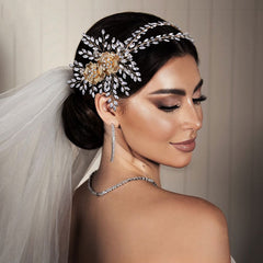 Blingy Double Strand Flower Trim Olive Branch Crystal Headband - Gold