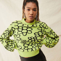 Bold Floral Bishop Sleeve Sweater - Green