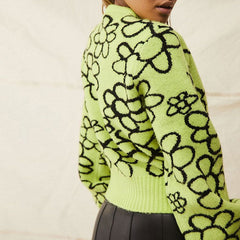 Bold Floral Bishop Sleeve Sweater - Green