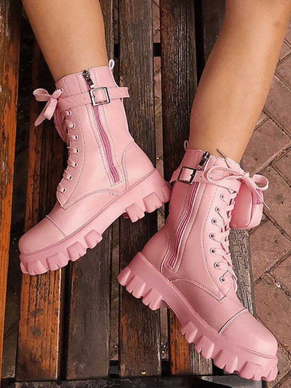 PU Lace-Up Chunky Heel Boots